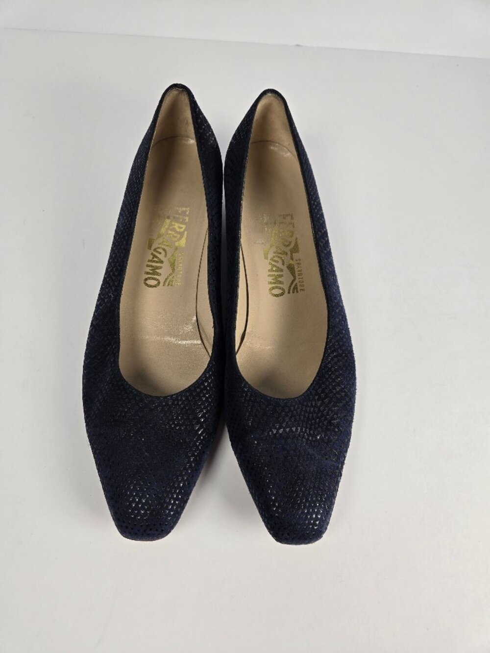 Salvatore Ferragamo Navy Blue Suede Laser-Cut Scale Wedge Pumps Made in Italy